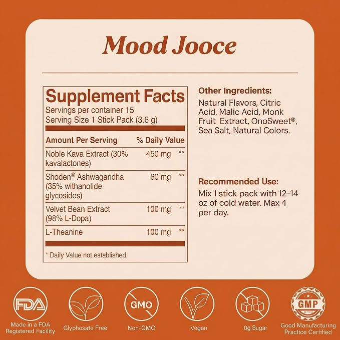 Mood Jooce Noble Kava Drink Mix - Cortisol Reducer with Kava Kava - Anxiety, Sleep & Mood Support Supplement - No Sugar - Vegan - Pineapple Mango Flavor - 15 On-the-Go Packets