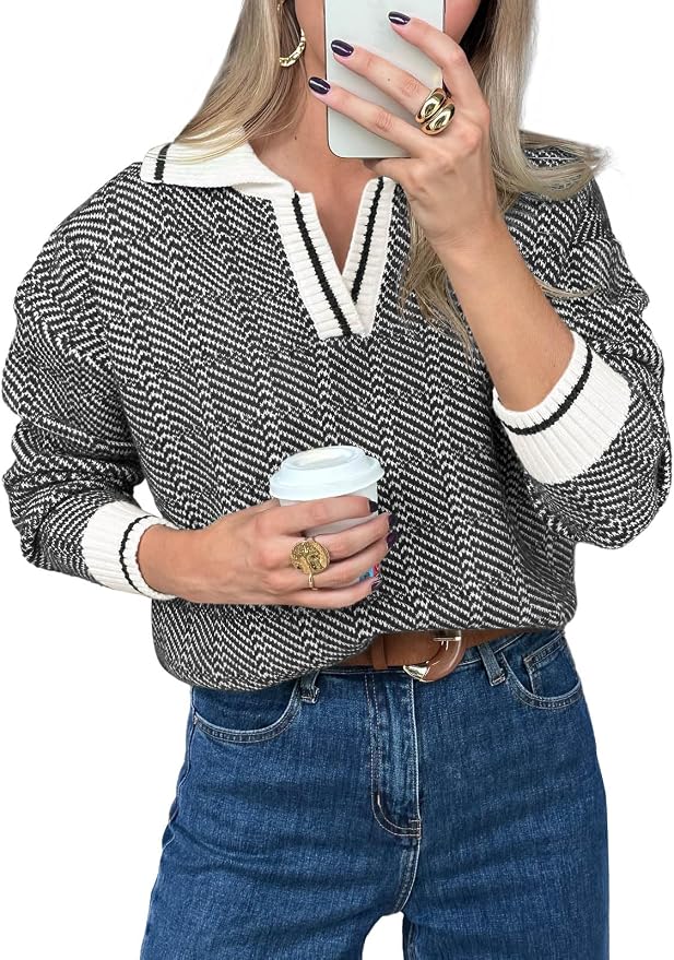 Saodimallsu Womens Fall Sweaters Tops Lapel V Neck Knit Color Block Shirt | Winter,Long Sleeve,Casual,Soft,Pullover,Cozy,Ribbed,Ladies,Chunky,Warm Sweaters,Checkered,Tunic,Work