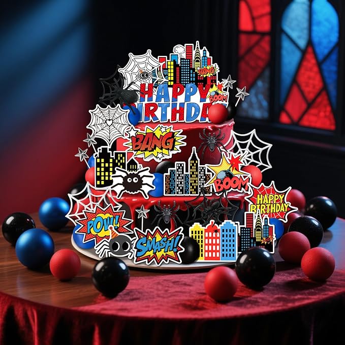 41 PCS Superhero Cake Topper - Happy Birthday Decorations for Hero Themed Party Supplies - City Cake Decor (red)