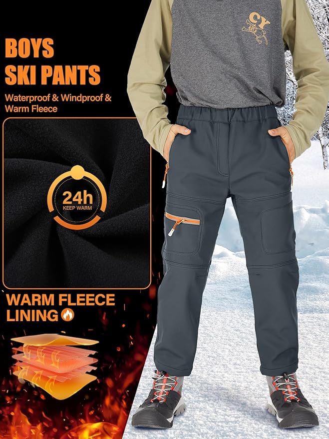 linlon Kids Boy's Snow Waterproof Pants Youth Fleece Lind Hiking Softshell Warm Insulated Trousers