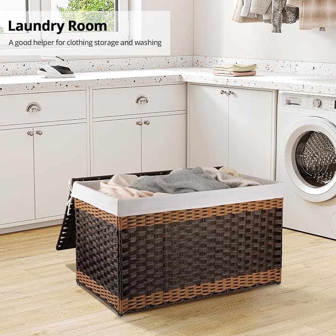 OIAHOMY Storage Basket with Lid, 42.3 Gallon (160L) Blanket Basket with Removable Liner Bag, Synthetic Wicker Hamper with Handle, Foldable, Hamper for Living Room, Brown