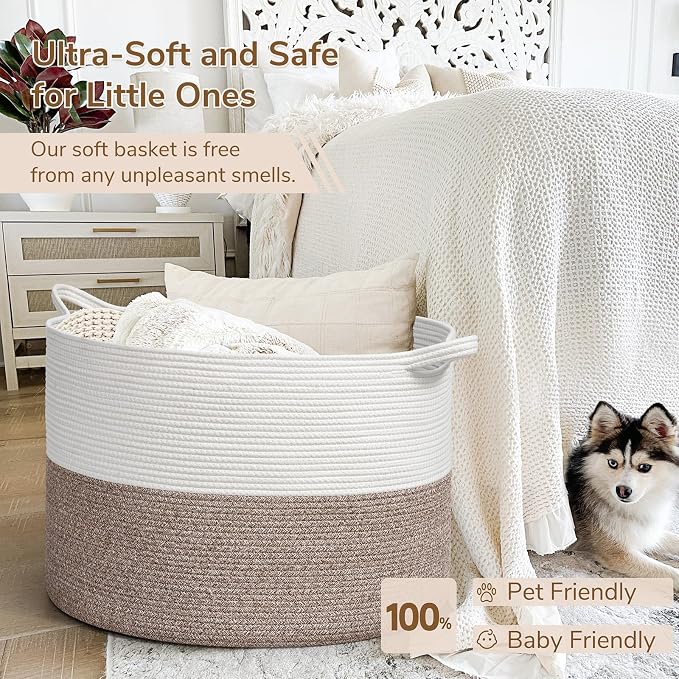 INDRESSME 115L Extra Large Woven Rope Blanket Basket Living Room, Brown | 23.6" x 15.7" Storage baskets for toys laundry & pillows. Fits living room, bedroom or nursery décor. Soft-touch with handles