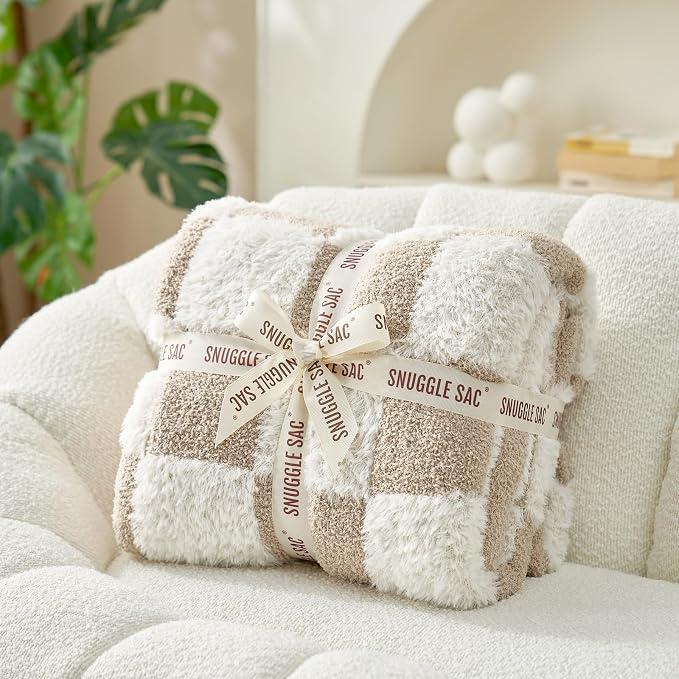 Snuggle Sac Fall Checkered Throw Blanket Faux Fur Microfiber Blankets for Couch,Cozy Soft Warm Blanket for Sofa Bedroom Living Room,Beige Checker,50x60 inches