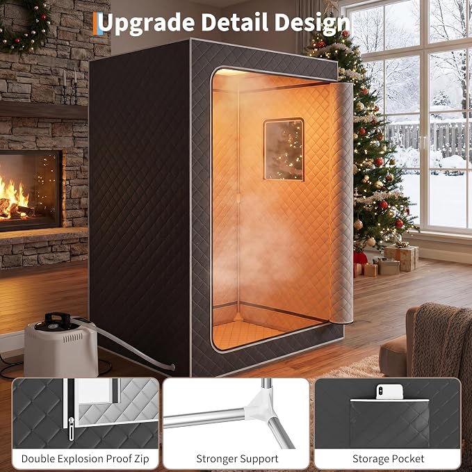 Upgraded 2 Person Sauna Box with Portable Infrared Sauna, 4L 1500W Steamer, Explosion Proof Zip, 99 Mins Timer, Grey for Home Steam Spa
