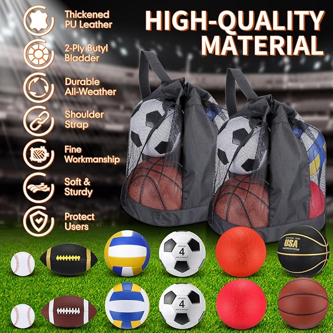 Deekin 12 Pcs Assorted Sport Ball Set Official Size Basketball, Football, Volleyball, Soccer, Baseball, Playground Ball with Bag and Pump Gift for Kid Youth Adult Back to School