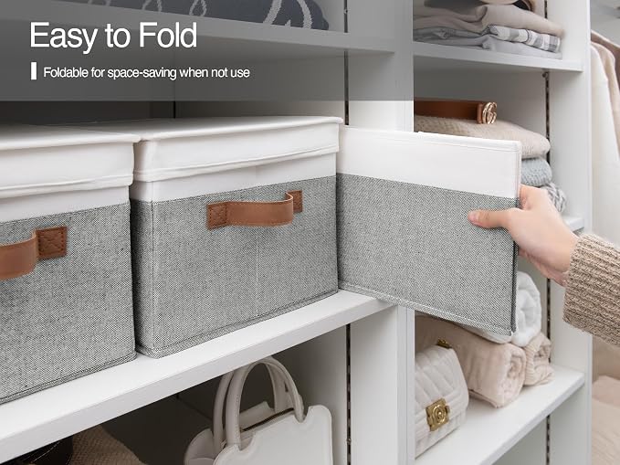 StorageWorks Fabric Storage Bins with Lids, Closet Storage Bins | Lidded Dust-proof, Easy Pull Handles, Foldable, Stackable, Ideal for Clothes Blanket Towel, Large, Gray and White, 3-Pack