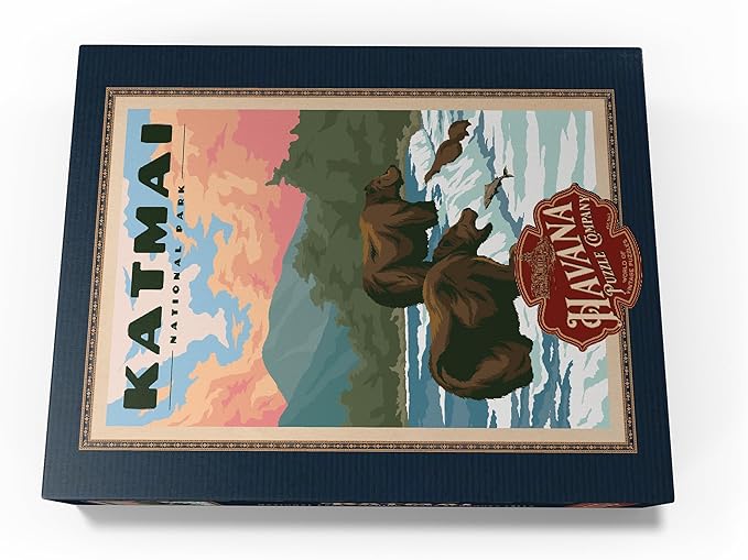 MyPuzzle Katmai National Park - Fishing Bears at Brooks Falls, Vintage Travel Poster - Premium 1000 Piece Jigsaw Puzzle for Adults