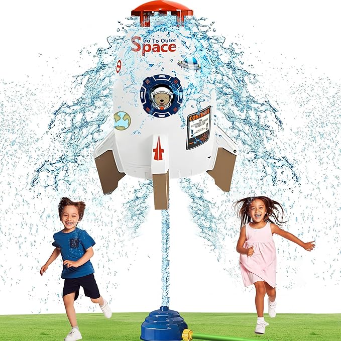 Kids Water Sprinklers for Outside, Rocket Water Launcher Toy for Garden Backyard Summer Fun, Spinning Sprinkler Outdoor Gift for Boys Girls Age 3–12 Year Old (White)
