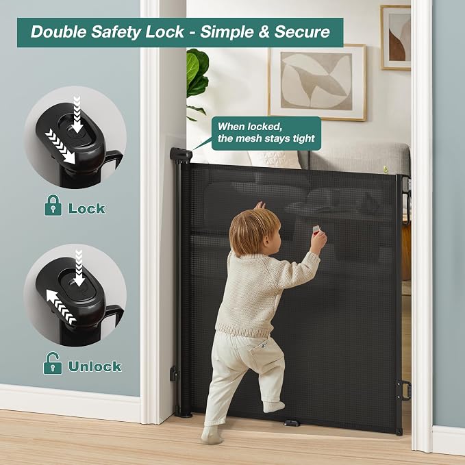 Babepai Retractable Baby Gates Extra Wide | 72" Wide x 34" Tall Dog Gates for Stairs | Indoor/Outdoor Use | Child Gates for Doorways, Deck, Porch, Hallways, Patio - Black