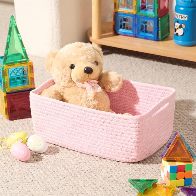 MiniArk Small Storage Baskets for Organizing | Closet Organizer Bins | Shelf Toy Basket | Woven Rope Baskets | Cube Decorative Box | Shallow Basket | 13x8.5x5.1” | 3 Packs Pink