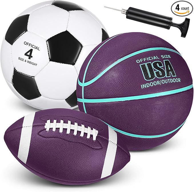 Libima 3 Pcs Sports Ball Set for Kids Teens Include Official Size 5 Basketball 4 Soccer 6 Football with Pump and Carry Bag Training Practice Sport Gift for Kids Teens Back to School