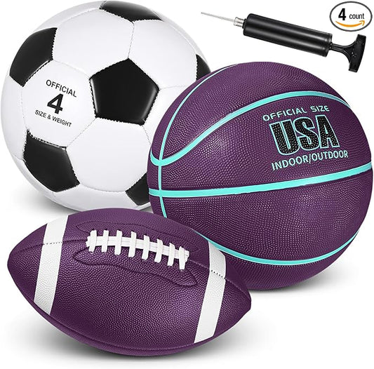 Libima 3 Pcs Sports Ball Set for Kids Teens Include Official Size 5 Basketball 4 Soccer 6 Football with Pump and Carry Bag Training Practice Sport Gift for Kids Teens Back to School