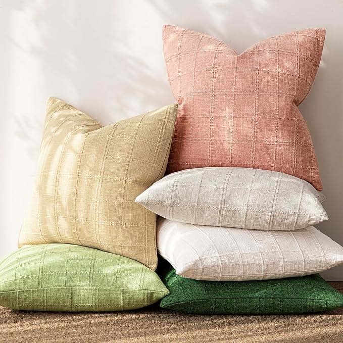 Foindtower Set of 2 Decorative Linen Check Throw Pillow Covers Neutral Farmhouse Lumbar Cushion Covers Modern Boho Accent Home Decor for Sofa Chair Couch Bedroom Living Room,12×20 Inch,Coral Pink