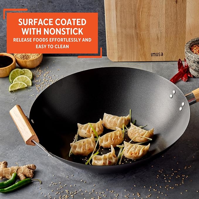 IMUSA 14 Inch Carbon Steel Nonstick Wok with Wood Handles, Black | Heats Quickly, Great for Healthy Family Meals