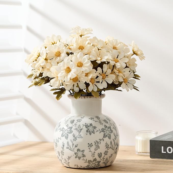 SIDUCAL Ceramic Vintage Vase, 5.91 Inch Retro Ice Cracked Chinoiserie Floral Vase, Rustic Farmhouse Vases for Home Decor, Bookshelf, Garden, Chinoiserie Decor, Tuscan Decor, Gray Floral Pattern