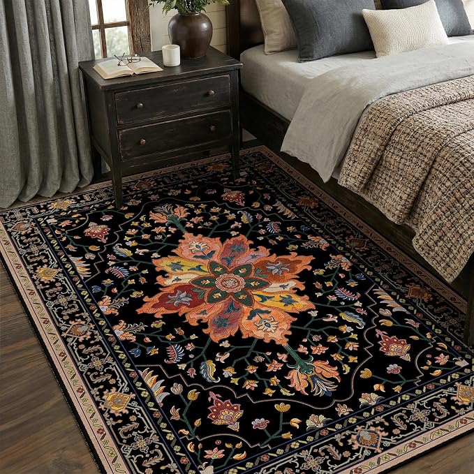 RELEANY Area Rugs 5'x8' Washable Non-Slip, Floral Vintage Distress Medallion Carpet for Living Room Bedroom Dining Room, Black Colorful Floral Dark Tan