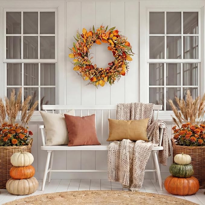 20" Fall Wreath Front Door Pumpkin Artificial Wall Decor Farmhouse Autumn Wreath Thanksgiving Home Porch Outdoor Indoor Holiday Harvest Decor