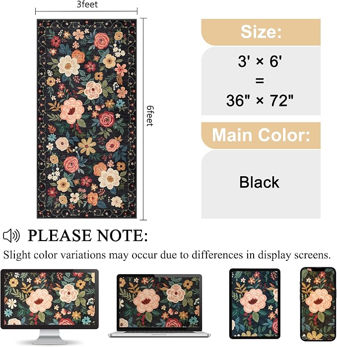 DUKINO 3x6 Runner Rug, Non Slip Floral Washable Rug for Kitchen, Black | Low Pile, Non Shedding, Soft Thin Indoor Rug for Hallway, Bedroom, Bathroom, Entryway, Laundry, Pet Friendly, Home Decor
