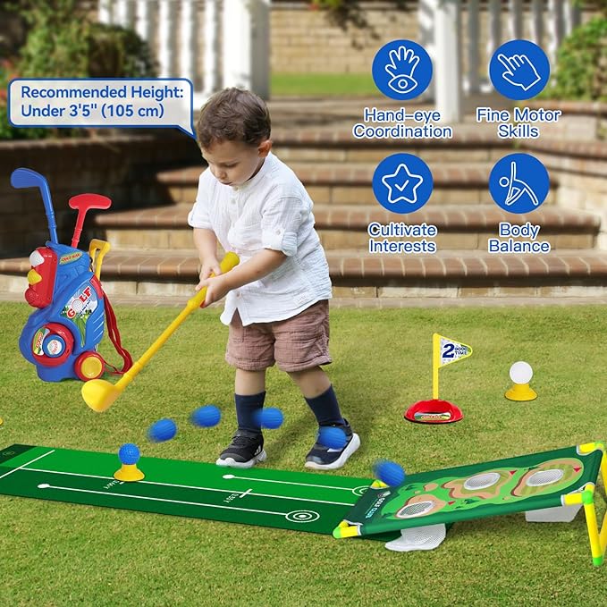 Toddler Golf Set for Boys Girls 2 3 4 5 Years Old, Upgraded Kids Golf Cart with Putting Mat & Cornhole Board, Outdoor Indoor Sports Toys, Blue