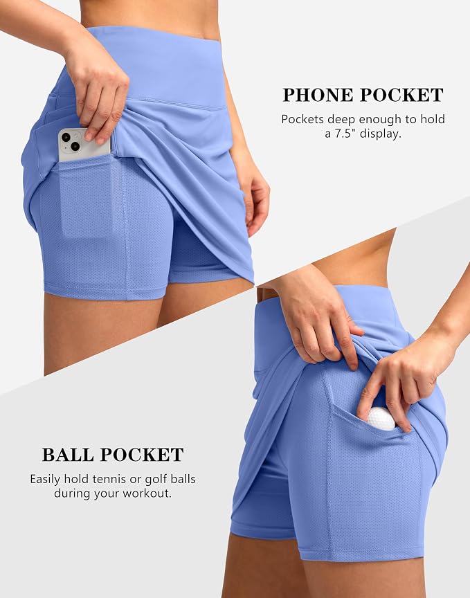 Women's Golf Skirts Skort 4 Side Pockets High Waisted Stretchy Tennis Skirt | Silky Soft, Lightweight, Breathable, Built-in Mesh Shorts, High Waisted, Elastic waistband, Moisture-Wicking, Athletic