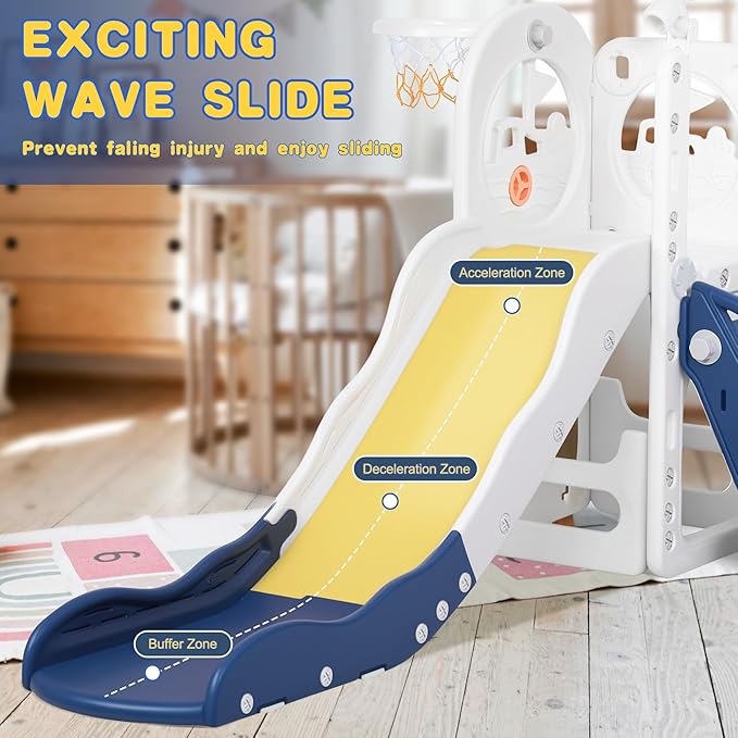 6 in 1 Toddler Playset Toddler Slide and Climber Playset, L-Shaped Kids Slide with Basketball Hoop, Telescope & Storage, Sturdy Indoor Outdoor Playground, for Boys Girls 1-3+