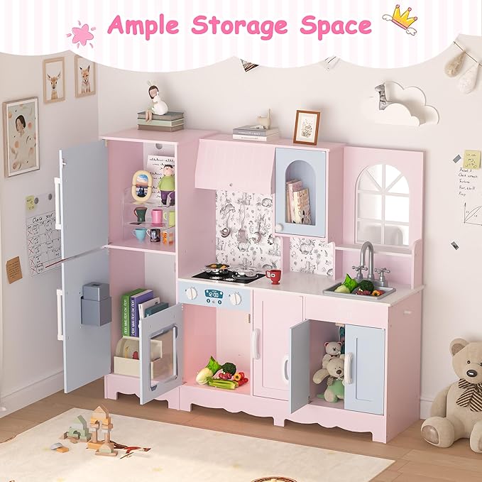BRINJOY Play Kitchen for Kids, Wooden Kids Kitchen Playset w/Faucet, Sink, Stove, Oven, Window, Cookware, Storage Cabinets, Toddler Role Play Kitchen Pretend Play Toy Set Gift for Girls Boys Ages 3+
