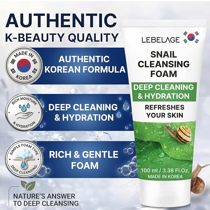 LEBELAGE Korean Snail Facial Cleanser 3.38 oz | Cleansing Foam Face Wash | Low pH Gentle Hydrating Daily Facial Cleanser Sensitive Skin | Deep Cleansing Foaming Cleanser, Pore Care-All Skin Types
