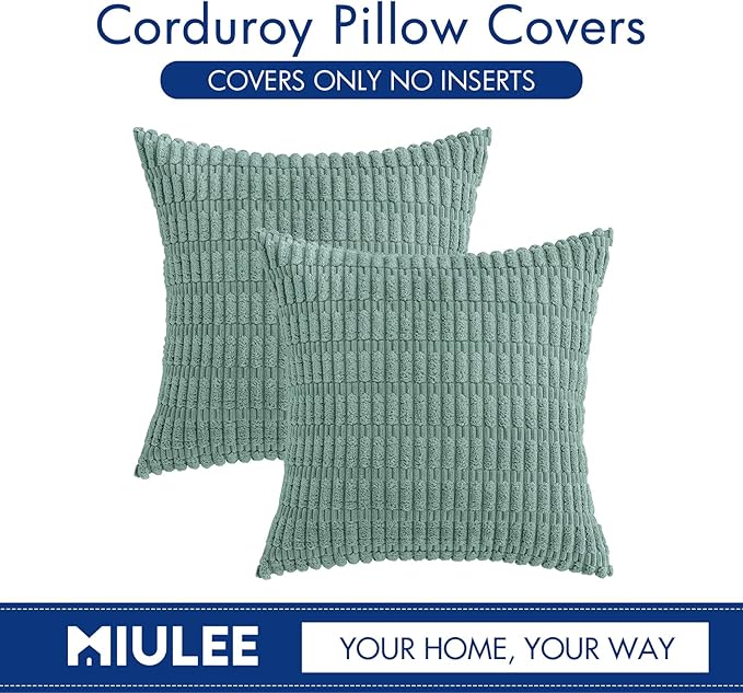 MIULEE Corduroy Decorative Throw Pillow Covers 18x18 Teal Green Pack of 2 | Soft Boho Striped Pillow Covers Modern Farmhouse Home Decor For Sofa Living Room Couch Bed