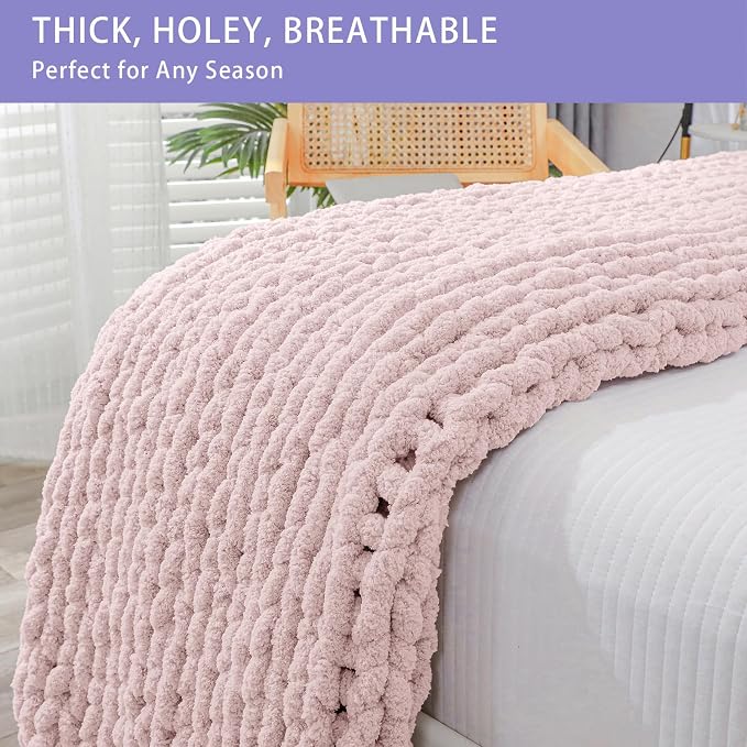 Bigacogo Chunky Knit Throw Blanket for Couch, 40x60 inches, Rose Tan | Hand Knit with Jumbo Chenille, Soft Breathable Cable Knit for Sofa Bed Living Room, Machine Washable, Gift for Mom Friend