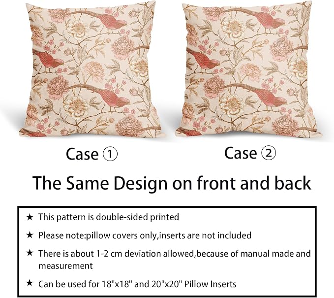 Pink White Roses Floral Pillow Covers 20X20 Inch Set of 2 Retro Flowers Birds Leaves Decorative Pillow Cases Art Vintage Cotton Linen Cushion Case Retro Home Decor for Sofa Couch Porch Outdoor