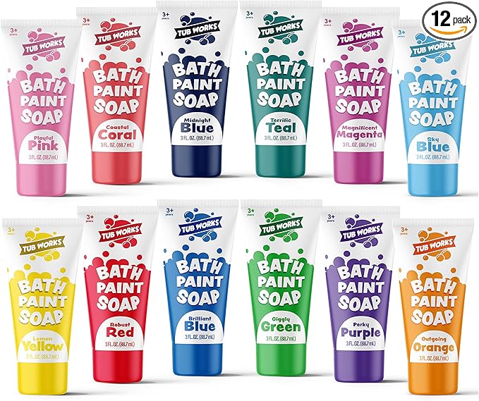 Tub Works® Bath Paint Soap, 12 Pack | Non-Toxic, Washable Bathtub Paint for Toddlers & Kids | Finger Paint in the Tub | Ideal Toddler Bath Toys for Creative Kids Bath | Easy-to-Clean