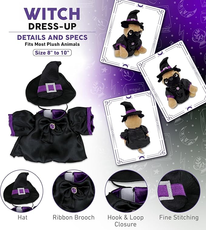 DolliBu Witch Stuffed Animal Dress Up Set - Halloween Costume Outfit with Hat and Dress - Spooky Pretend Play Accessories for Teddy Bears – Large for 8 to 10 Inch Plush Toys