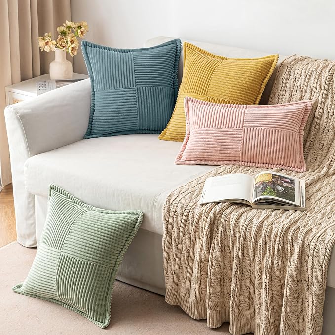 MIULEE Decorative Throw Pillow Covers for Couch 20x20 Inch Dusty Blue | 2 Pack, Boho Broadside Striped Patchwork Pillow Covers, Soft Corduroy Cushion Cases, For Sofa Bed Livingroom Home Decor