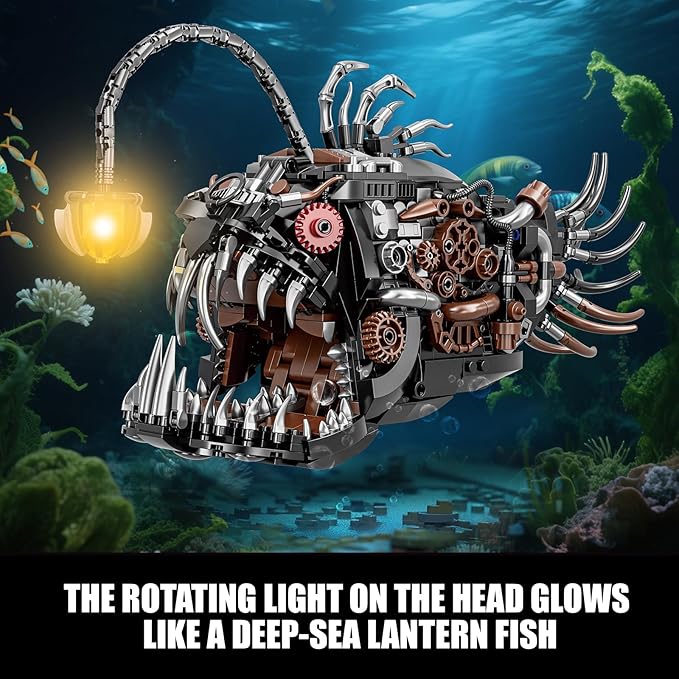 Steampunk Mechanical Lantern Fish Building Set with Light, Creative Ocean Animal Toy for Home Office Decor, Compatible with Lego for Adults, STEM Gift for Teens Kids Boys 8-14 (1038 PCS)