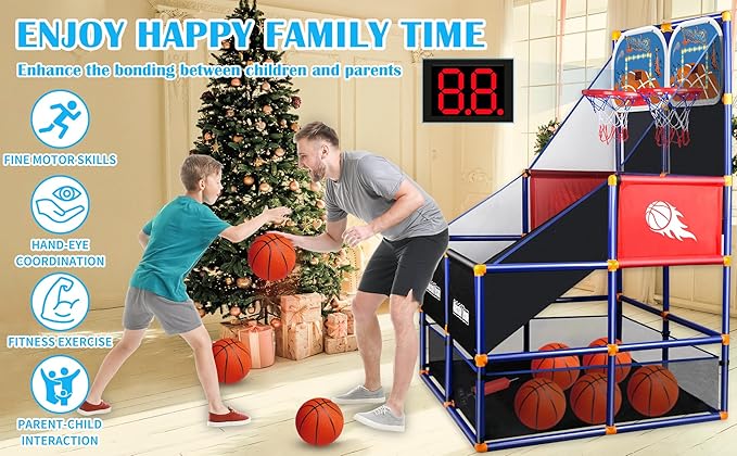 LED Arcade Basketball Game Set w/Electronic Scoreboard for Kids, Boy Toys Basketball Hoop with 4-5 Balls for 3-12 Years Old, Adjustable Height w/Pump & Storage Net for Indoor Outdoor Sports Play