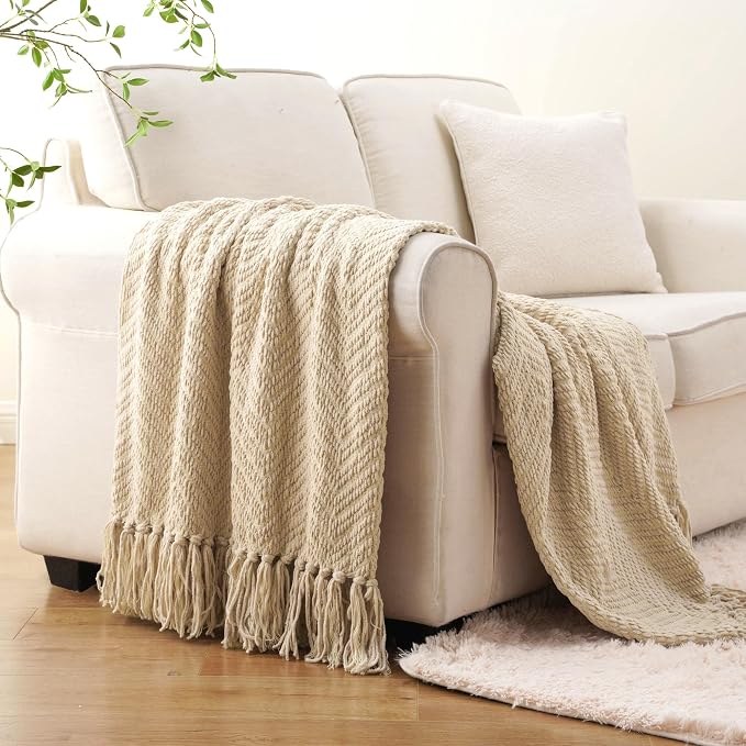 BATTILO HOME Beige Throw Blankets for Couch, Knitted Tan Throw Blanket for Twin Bed, Super Soft Warm Large Throws for Home Decor, 60" x 80"