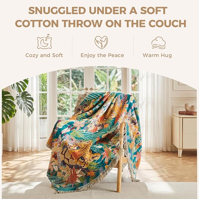 LUTBM Boho Throw Blanket for Couch 50"x60", Cotton Decorative Bed Throws | Reversible Leopard Jacquard, All-Season Muslin Blanket, For Chair Sofa Living Room, Lightweight & Breathable, Whimsical Decor