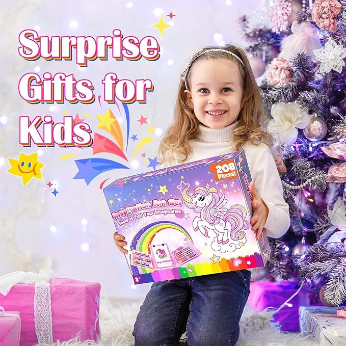 Art Supplies, Art Kits Arts and Crafts for Kids Age 4-6 6-8 8-12 with Trifold Easel,Includes Sketch Pads,Oil Pastels,Crayons,Colored Pencils,Drawing Set for 3-12 Year Olds Girls Boys (Unicon-Pink)