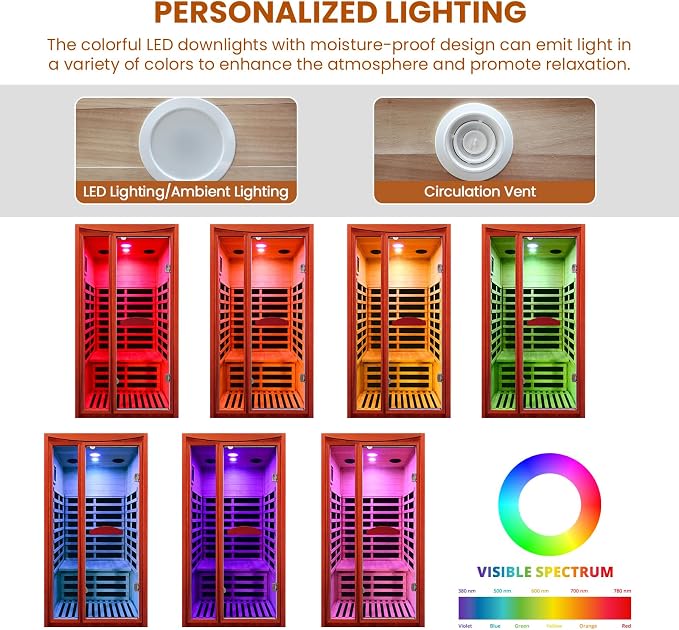 Infrared Sauna, Far Infrared Saunas for Home 1550W/110V Indoor Sauna for Single Person Wood Sauna Spacious 1-2 Person Low EMF Dry Sauna with Speakers/Air Hole and Color Lighting 39.4 * 35.4 * 74.8 in