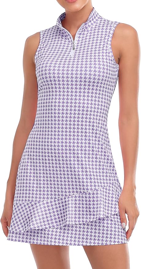 Viracy Tennis Dress for Women Sleeveless Golf Dresses with Shorts and Pockets Ruffle Zip Up Stand Collar Golf Outfits