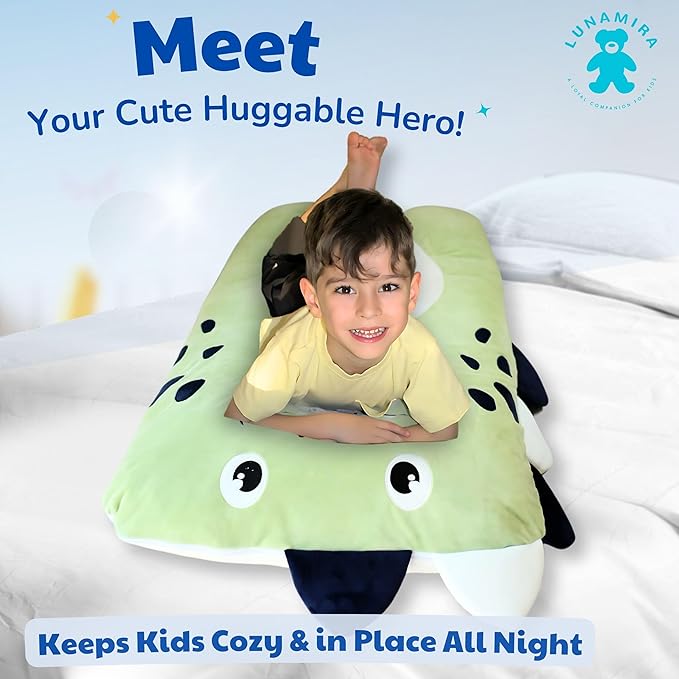 LUNAMIRA Dino Kids Body Pillow - 47" U-Shape Long Plush Soft Animal Pillow for Kids, Sleeping, Reading, ADHD & Special Needs Comfort, Anxiety, Washable Cover, Snuggle Fun Cuddle Gift for Boys & Girls