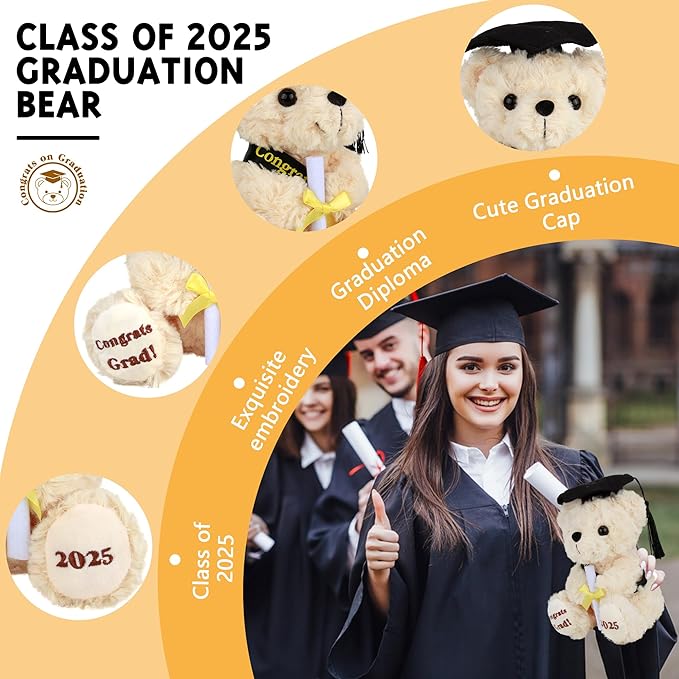 Graduation Gifts Teddy Bear Graduation Stuffed Animal Class of 2025 - Kindergarten High School Graduation Gift for Her Him Girls Boys - 8 Inch Soft Congrats Grad Bear Toy with Cap & Certificate