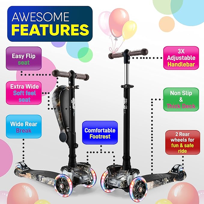 Hurtle 3-Wheeled Scooter for Kids - Wheel LED Lights, Adjustable Lean-to-Steer Handlebar, and Foldable Seat - Sit or Stand Ride with Brake for Boys and Girls Ages 1-14 Years Old