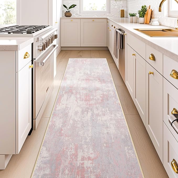 RELEANY Washable Runner 2'x8' Abstract Area Rug for Hallway Gray Pink | carpet for kitchen, entryway, bathroom, living room, bedroom, printed pattern, non-slip, soft, stain-resistant, easy to clean