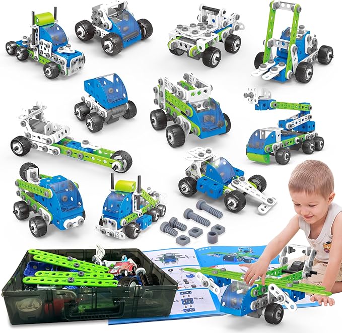 STEM Building Toys for Kids Ages 4-8, 175 Pcs Educational Construction Kit, Building Blocks Set, 18 in 1 Creative Engineering Pull Back Cars, Birthday Gift for Boys & Girls 4 5 6 7 8 9 10 Year Old