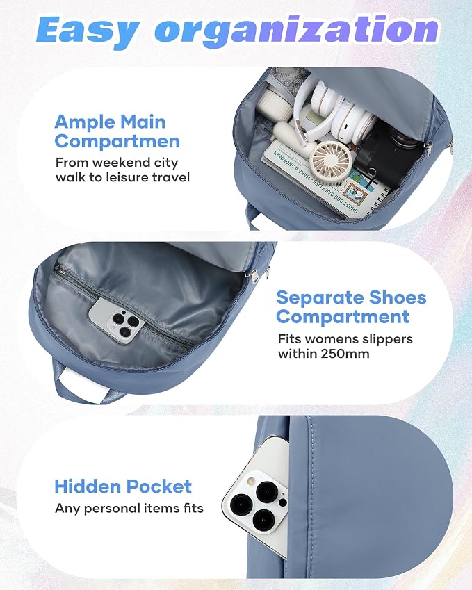 Small Gym Backpack for Women, Office-to-Gym Casual Daypack with Shoe Compartment, Lightweight Water Resistant Small-Size Bag, Clean Fit Style Work Backpack for Daily Use, Blue