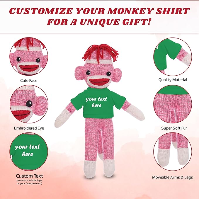 Personalized Huggable Pink Sock Monkey 8 Inch Plush Stuffed Animal Gift - Custom Text on Shirt - Perfect for Halloween Day Valentine's Day Graduation Day Birthday Present (Kelly)