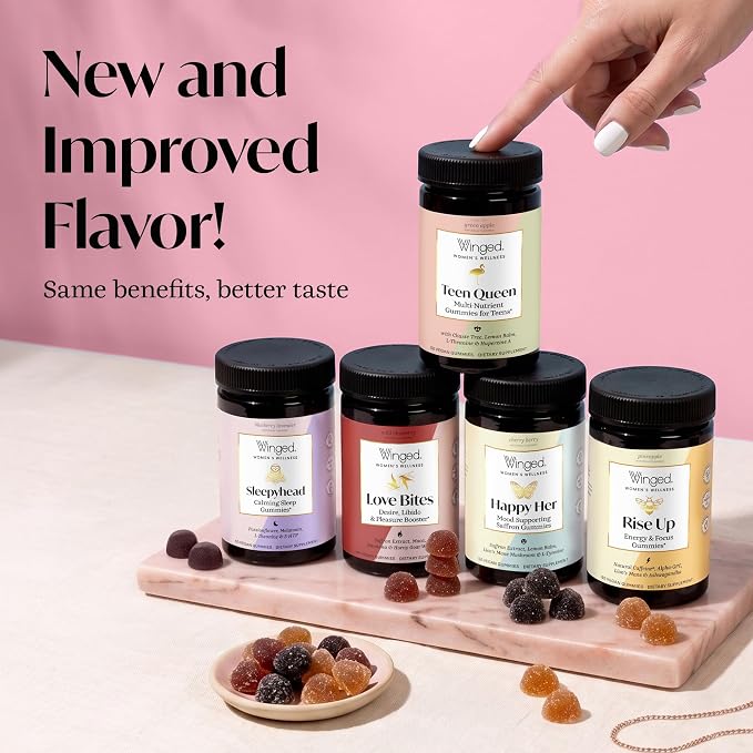 Winged Wellness Love Bites, Libido Booster for Women with Maca Root - Libido & Pleasure Booster with Horny Goat Weed & Damiana - Natural Aphrodisiac Gummy Supplement - Wild Blueberry, 60 Vegan Gummies