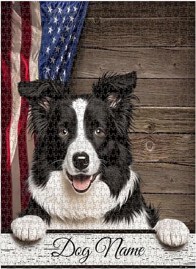 Custom Wooden Jigsaw Puzzles with Your Dog's Name on Border Collie Art Print - 300 500 1000PCS Puzzles Game and Home Wall Decor