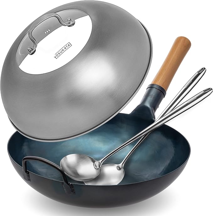 YOSUKATA Flat Bottom Wok Pan - 13.5" Blue Carbon Steel Wok + 17’’ Spatula and Ladle - Set of 2 Heat-Resistant Tools + Wok Lid 12.8 Inch